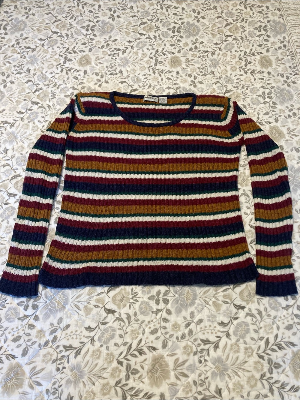 Christina Striped Rib-Knit Crewneck Sweater in Burgundy, Mustard & Navy
